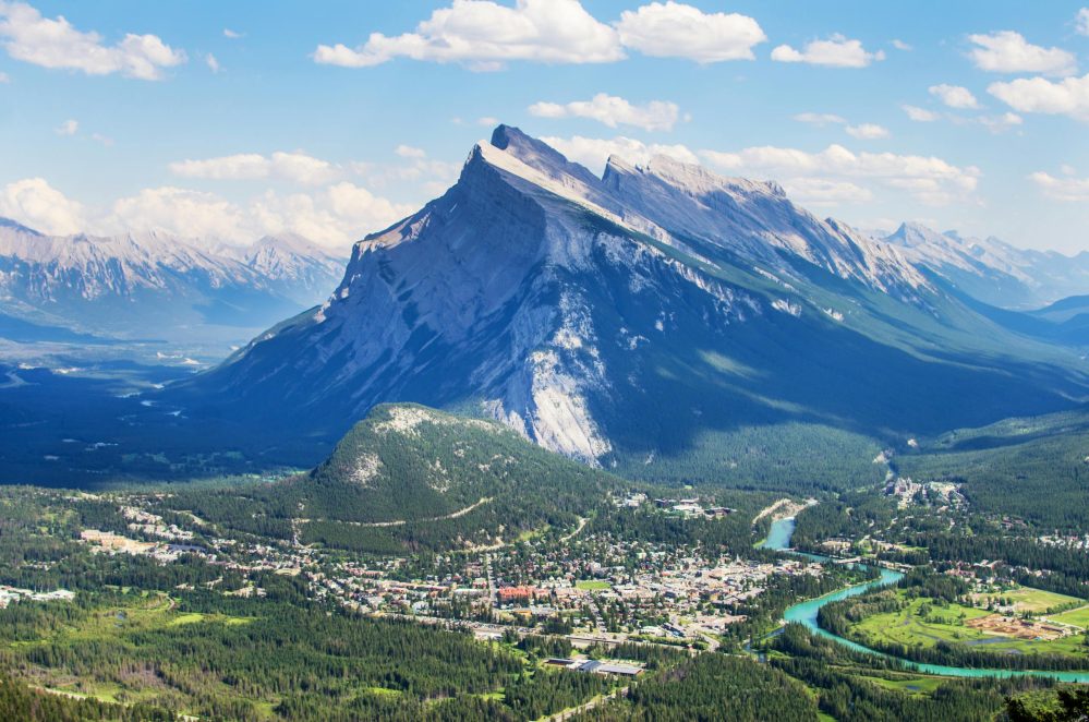 A stunning view of Mount Rundle overlooking Banff townsite and Bow River.