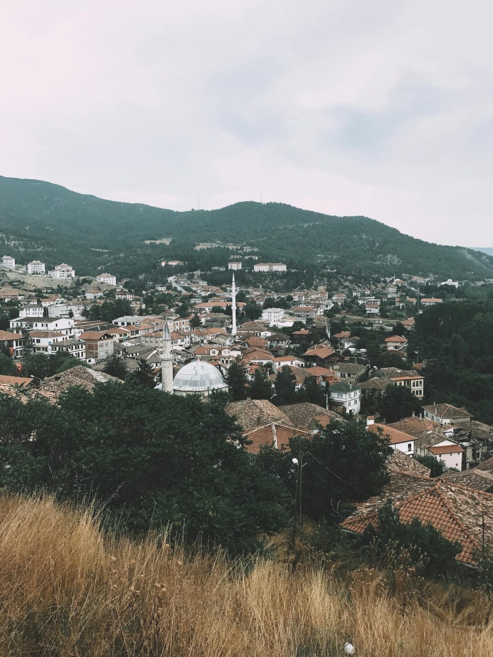 Picturesque town of Taraklı in Turkey with traditional houses and a prominent mosque dome.